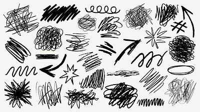 A collection of black ink scribble art illustration. Set of black ink scribble in various design illustrations. Illustration of black ink scribble art collection, scribble lines art illustration