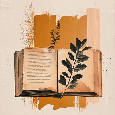 An open book and plant with a brown brush stroke art publication paper.