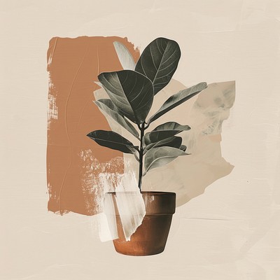 Plant potted with a brown and brush stroke art painting leaf.