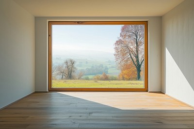 Window see countryside house wood room.