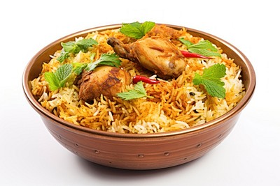 Chicken biryani food meat white background.