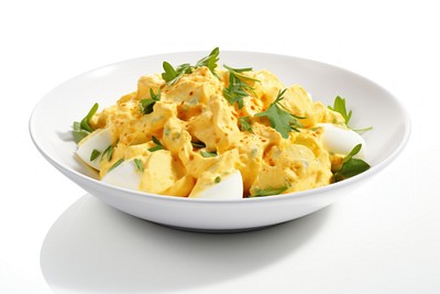 Egg salad plate food white background.