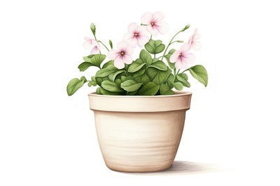 Botanical illustration flower pot plant vase terracotta.