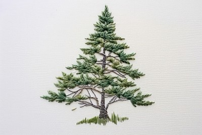 Embroidery white fabric pine tree drawing.