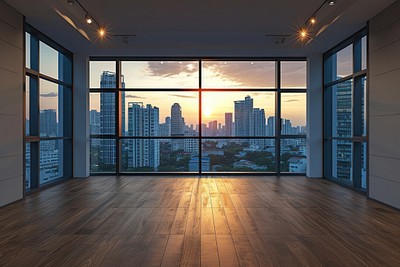 Large window see cityscape in evening architecture building flooring.