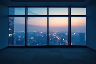 Large window see cityscape in evening architecture building daylighting.