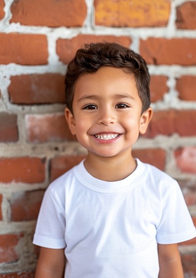 Hispanic todler portrait brick clothing.