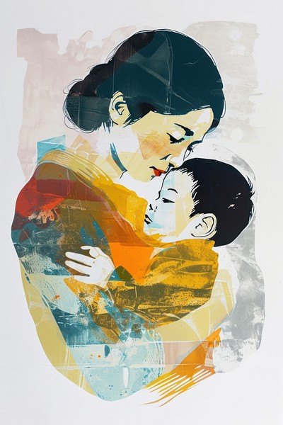 Mother painting collage baby.