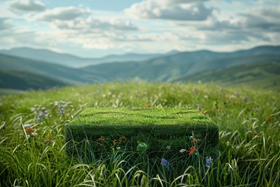 Product podium with a wildflower hills grass vegetation landscape.