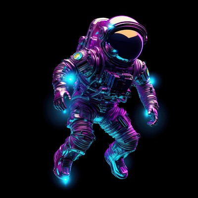 Neon astronaut purple violet black background.