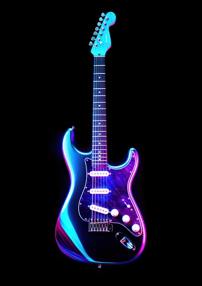 Neon electric guitar light illuminated fretboard.