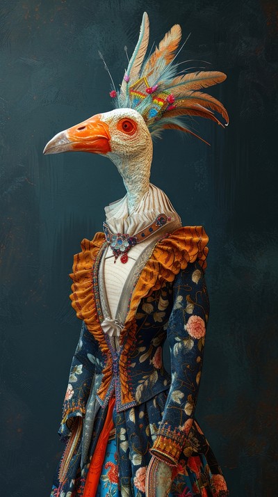 Bird costumes wearing Odalisque surrealism wallpaper animal art portrait.