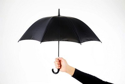 Hand holding black color umbrella white background protection sheltering.