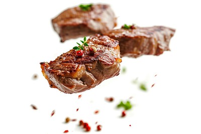 Photo of flying Steaks cooked steak meat beef.