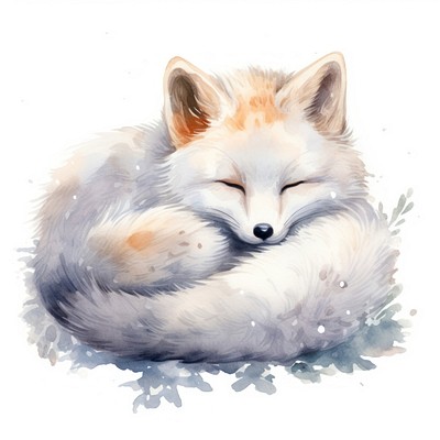 Watercolor white fox sleeping animal cartoon mammal.