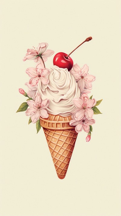 Vintage drawing ice cream dessert cherry sketch.