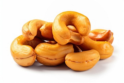 Three Roasted cashew nuts food white background freshness.