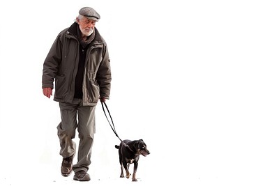 Old man walking a dog footwear animal mammal.