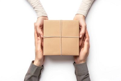 Two people sending one package cardboard box white background.