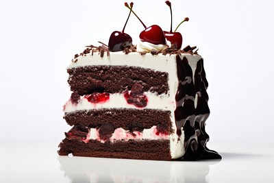 Sliced black forest cake dessert cream fruit.