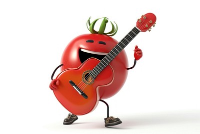 3d character tomato play guitar cartoon white background performance.