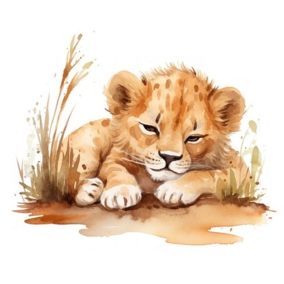 Watercolor 2 baby lion sleeping animal wildlife cartoon.