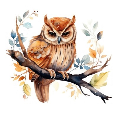 Watercolor owl sleeping animal cartoon branch.