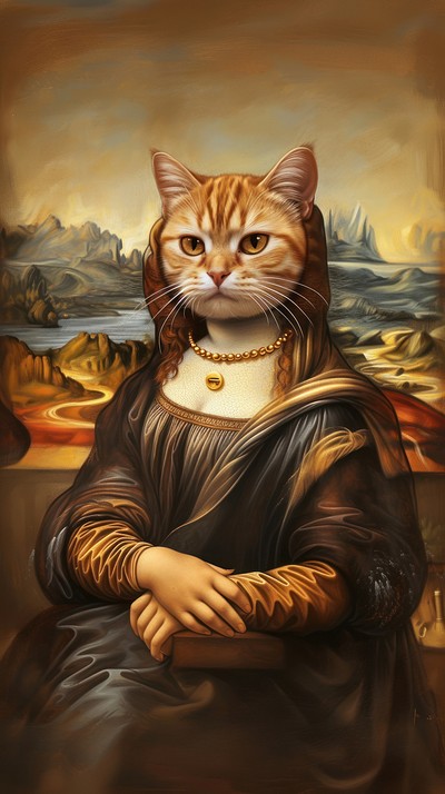 Cat costumes wearing Mona Lisa painting portrait animal.