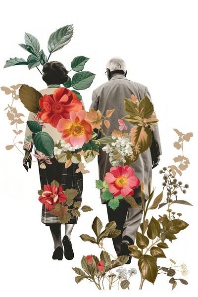 Elder couple walking flower pattern plant.