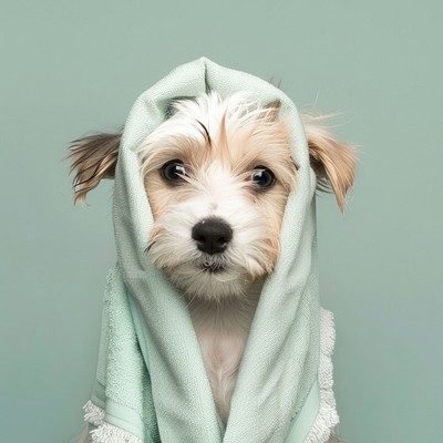 Puppy with towel mammal animal dog.