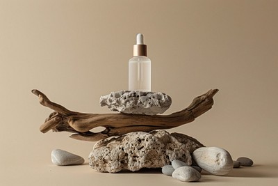 Serum skincare bottle mockup wood driftwood bread.