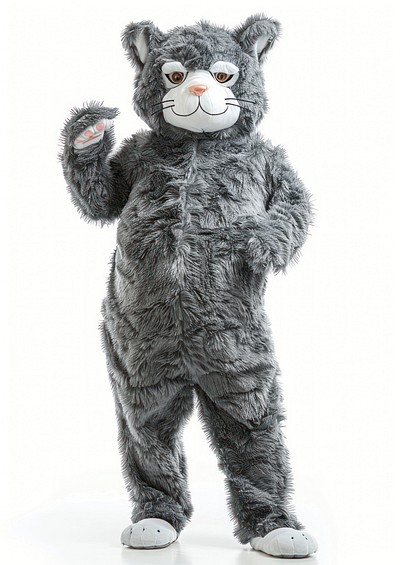 Grey cat mascot costume toy white background representation.