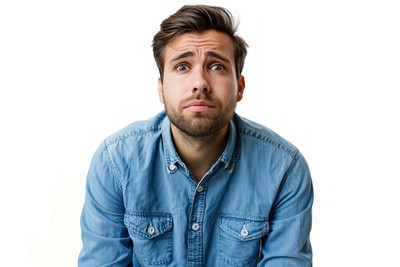 Worried man with blue shirt portrait adult photo.