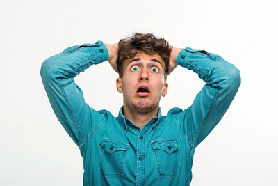 Worried man with blue shirt portrait adult photo.