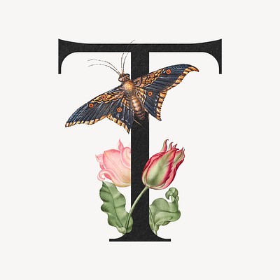 Letter T in botanical calligraphic art alphabet illustration