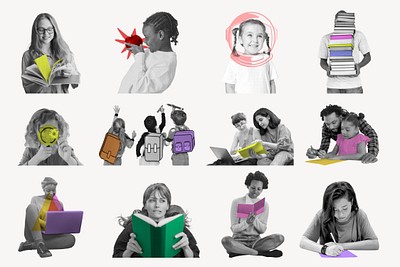 People in education collage element, black and white with pop of color set psd