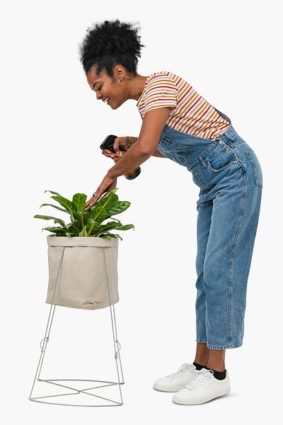 Woman misting a houseplant with a water spray