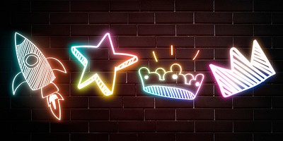 Doodle rainbow glow neon icon psd element set