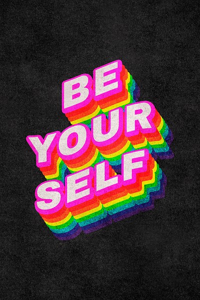 BE YOURSELF rainbow word typography on black background