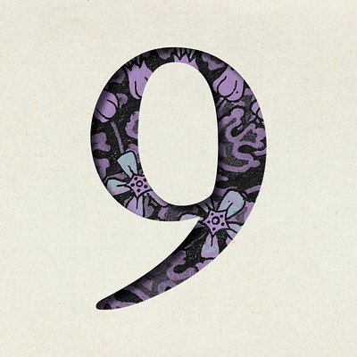 Vintage embossed purple number 9 psd typography