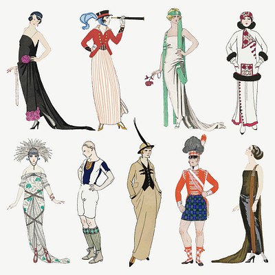 Vintage feminine fashion vector set, remix from artworks by George Barbier