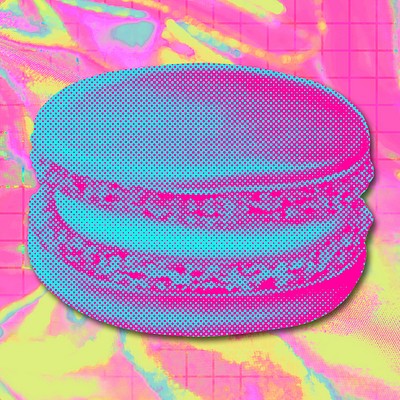 Funky neon halftone macaron sticker overlay with white border