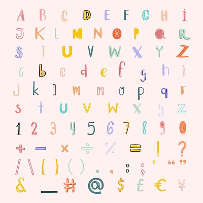 Alphabet numbers punctuations doodle font pastel set