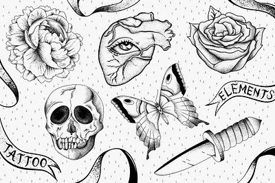 Outline black and white tattoo design set Vector Image