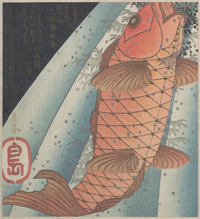 Carp Swimming up a Waterfall. Original public domain image from <a href="https://www.metmuseum.org/art/collection/search?showOnly=withImage%7CopenAccess&amp;pageSize=0&amp;sortBy=Relevance&amp;sortOrder=asc&amp;searchField=All">the MET museum</a>.