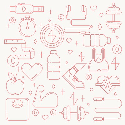 Fitness, health &amp; wellness icons, pink line art collection