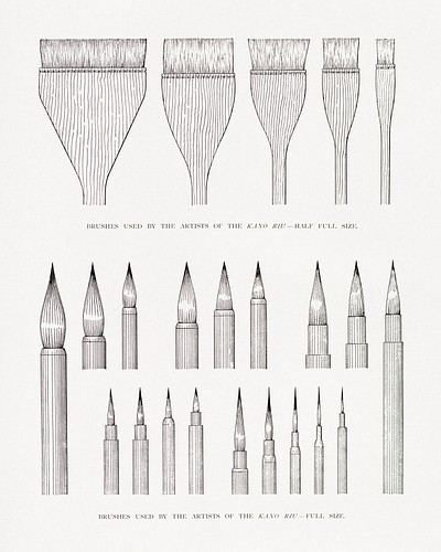 Kano Riu&#39;s paint brushes, vintage illustration. Public domain image from our own original 1884 edition of The Ornamental Arts Of Japan. Digitally enhanced by rawpixel.