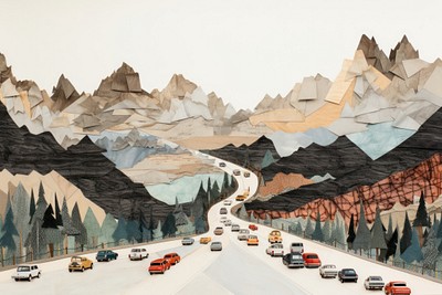 Painting road car mountain. 