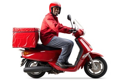 Premium Vector  Delivery man riding red scooter illustration