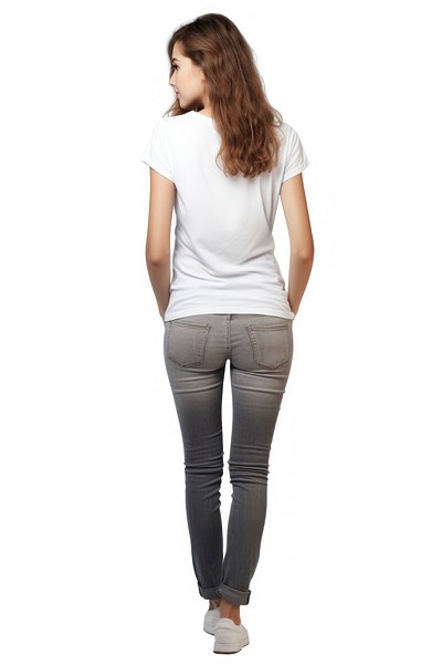 Young woman t-shirt jeans standing. 